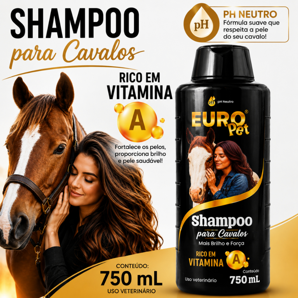 Shampoo Para Cavalos Vitamina A Euro Pet 750ml PH Neutro Brilho Força e Maciez cresce cabelo xampu