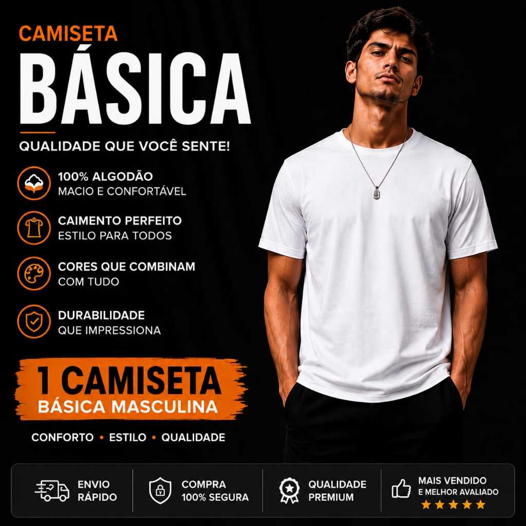 Camiseta Básica Masculina 100% Algodão Premium Lisa Confortável Manga Curta Casual
