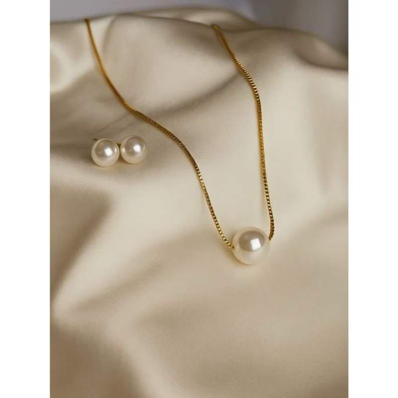 KIT COLAR CORRENTE GARGANTILHA PEROLA COM BRINCOS FEMININO PEROLA + BRINCO PEROLA 18K FOLHEADO A OURO
