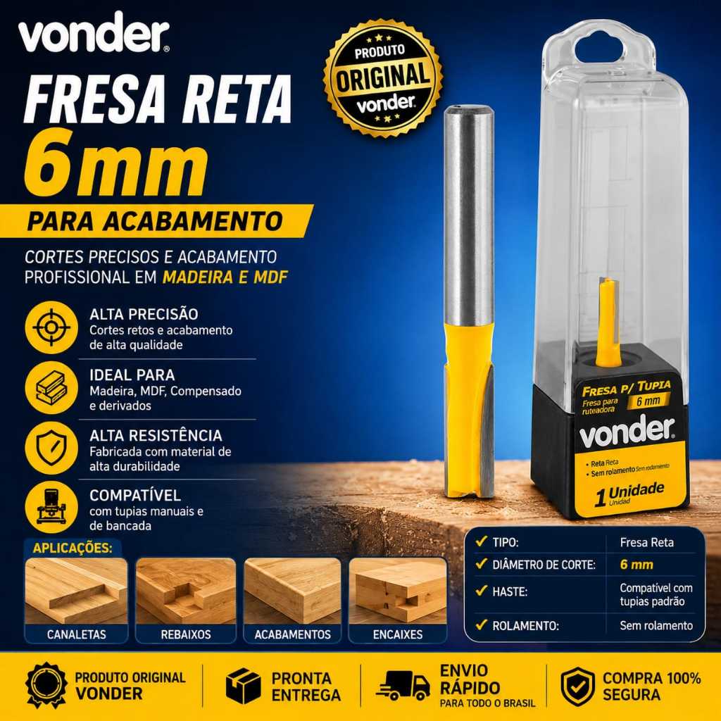 Fresa Reta Haste 6 mm Dupla para Madeira Tupia Vonder