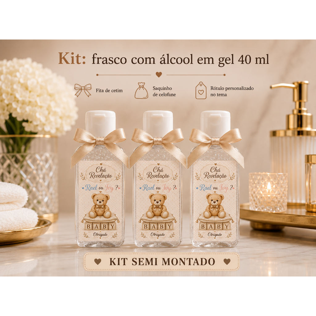25 Lembrancinhas Álcool em gel personalizado maternidade, batizado, chá de bebê, aniversário kit semi montado 40 ml