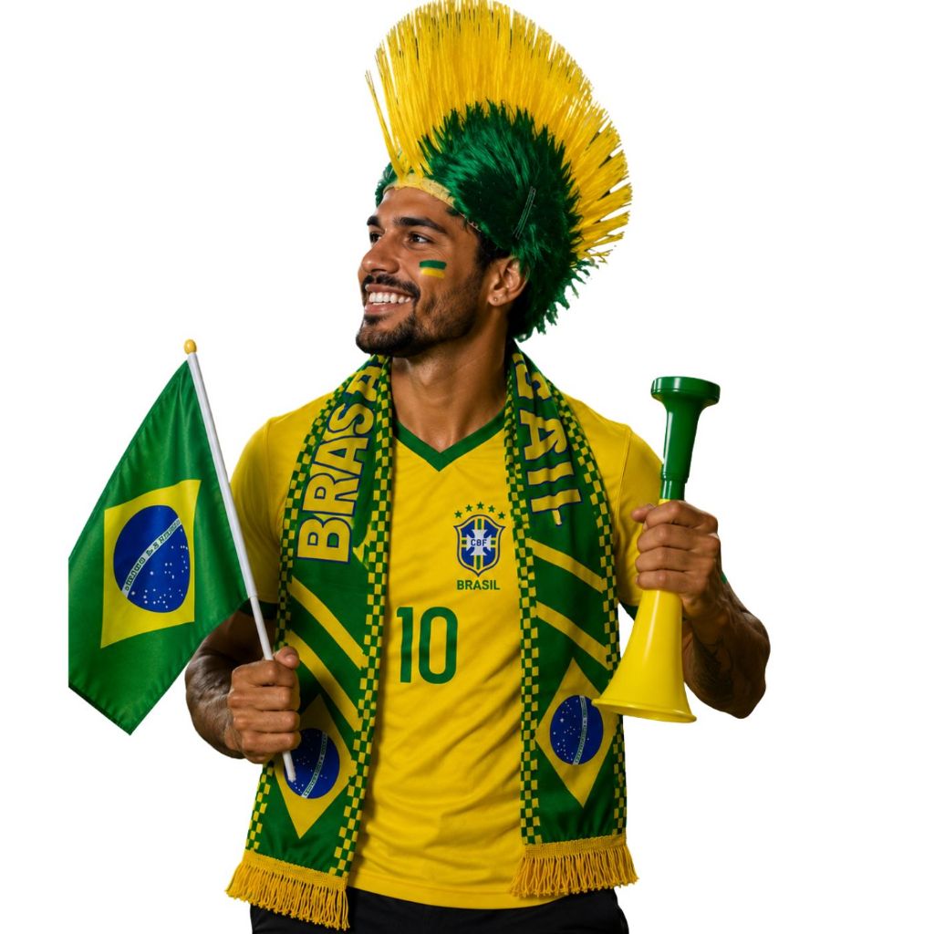 KIT TORCIDA BRASIL BANDEIRA CACHECOL PERUCA VUVUZELA