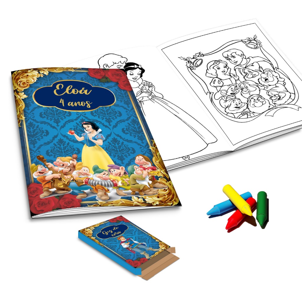 Lembrancinha Revistinha de Colorir Combo 10 Livros + 10 Caixas de Giz BRANCA DE NEVE Envio Rápido