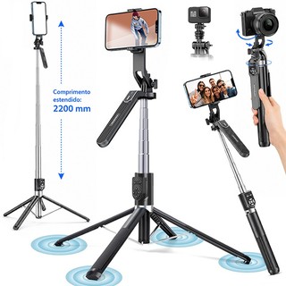 2.2M Selfie Stick Tripé Suporte de 4 pés para celular Controle Bluetooth Sem Fio 360° Rotação Anti-tremor
