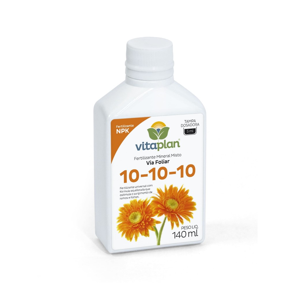 Fertilizante Líquido NPK 10-10-10 Vitaplan 140ml - Prático com Tampa Dosadora - Para Flores, Folhagens e Hortas