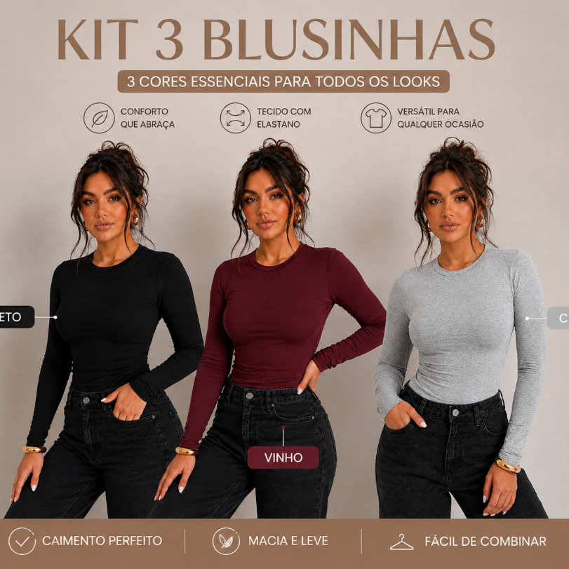 Kit C/3 Blusinha Segunda Pele Blusa de Frio Casual Feminina Manga Longa Confortavel Com Elastano