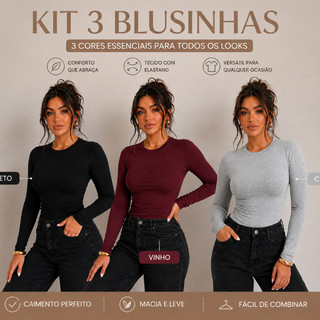 Kit C/3 Blusinha Segunda Pele Blusa de Frio Casual Feminina Manga Longa Confortavel Com Elastano