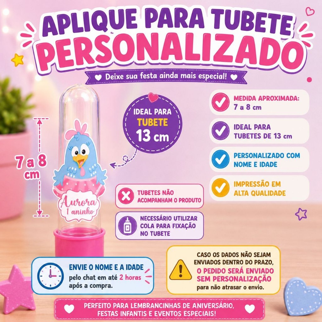 Aplique para Tubete Personalizado Galinha Pintadinha Nome e Idade - Lembrancinha - Festa Infantil