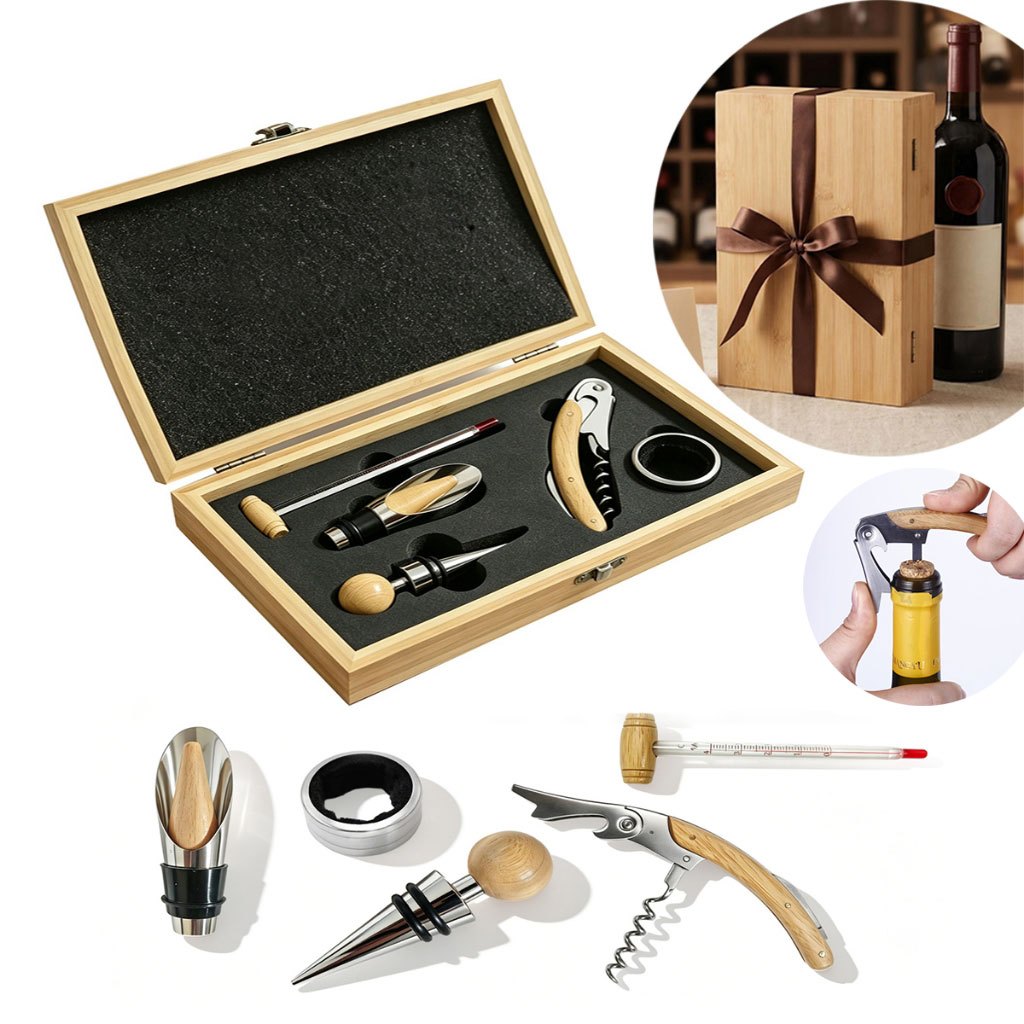 Kit 5 Peças Abridor de Vinho Bambu Com Rolha Decantador Termômetro Caixa Presente