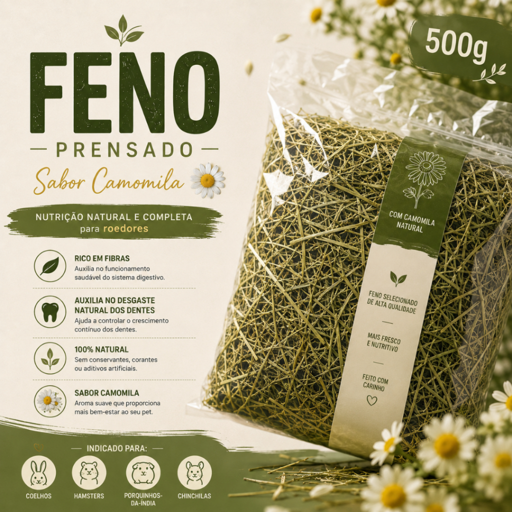 Feno Premium Natural Camomila 500g P/ Coelho Hamster Porquinho-da-Índia Chinchila Roedores