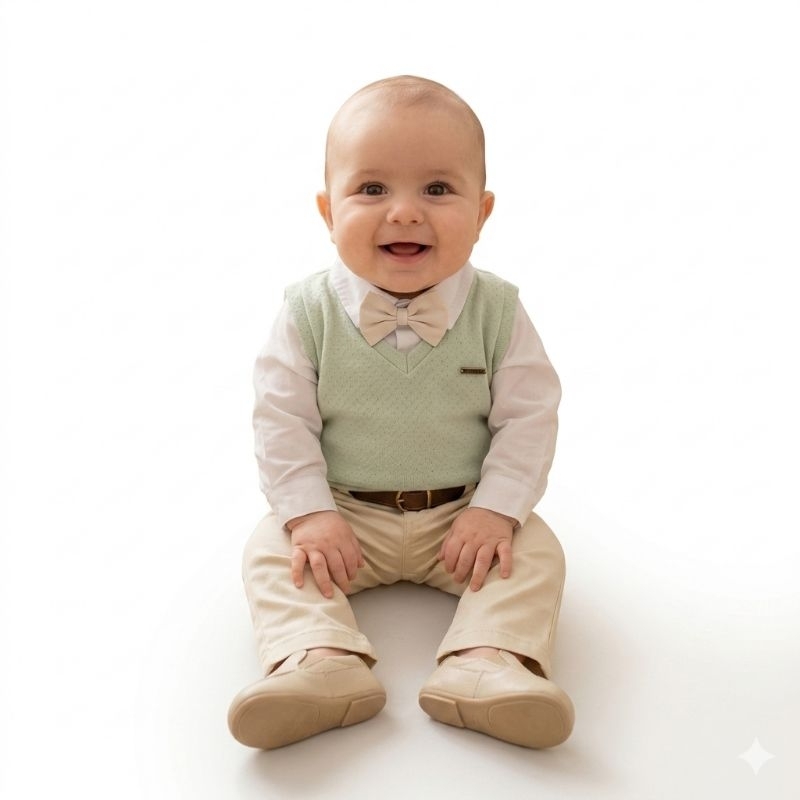 Conjunto Infantil Social Premium Menino – Colete Plush Verde + Body Tricoline + Calça Sarja Comfort + Cinto + Gravata