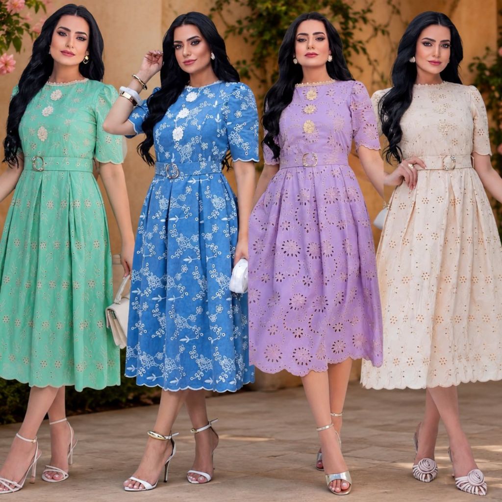 Vestido Mídi Evangélico Lese Bordado Algodão Forrado  Com Cinto Elegante Feminino