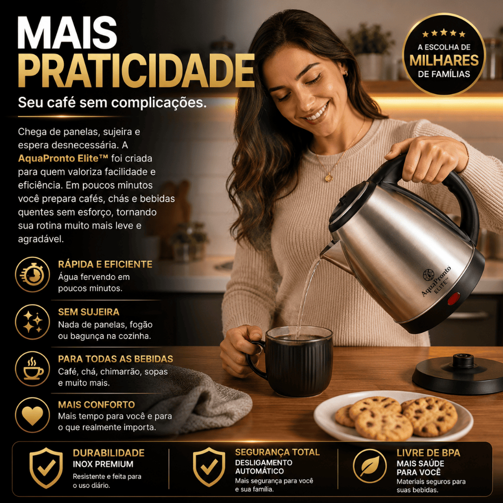 Chaleira Eletrica Inox 1 8 Litros Aquecimento Rapido Café da manhã, chá da tarde ou receitas rápidas. A AquaPronto Elite