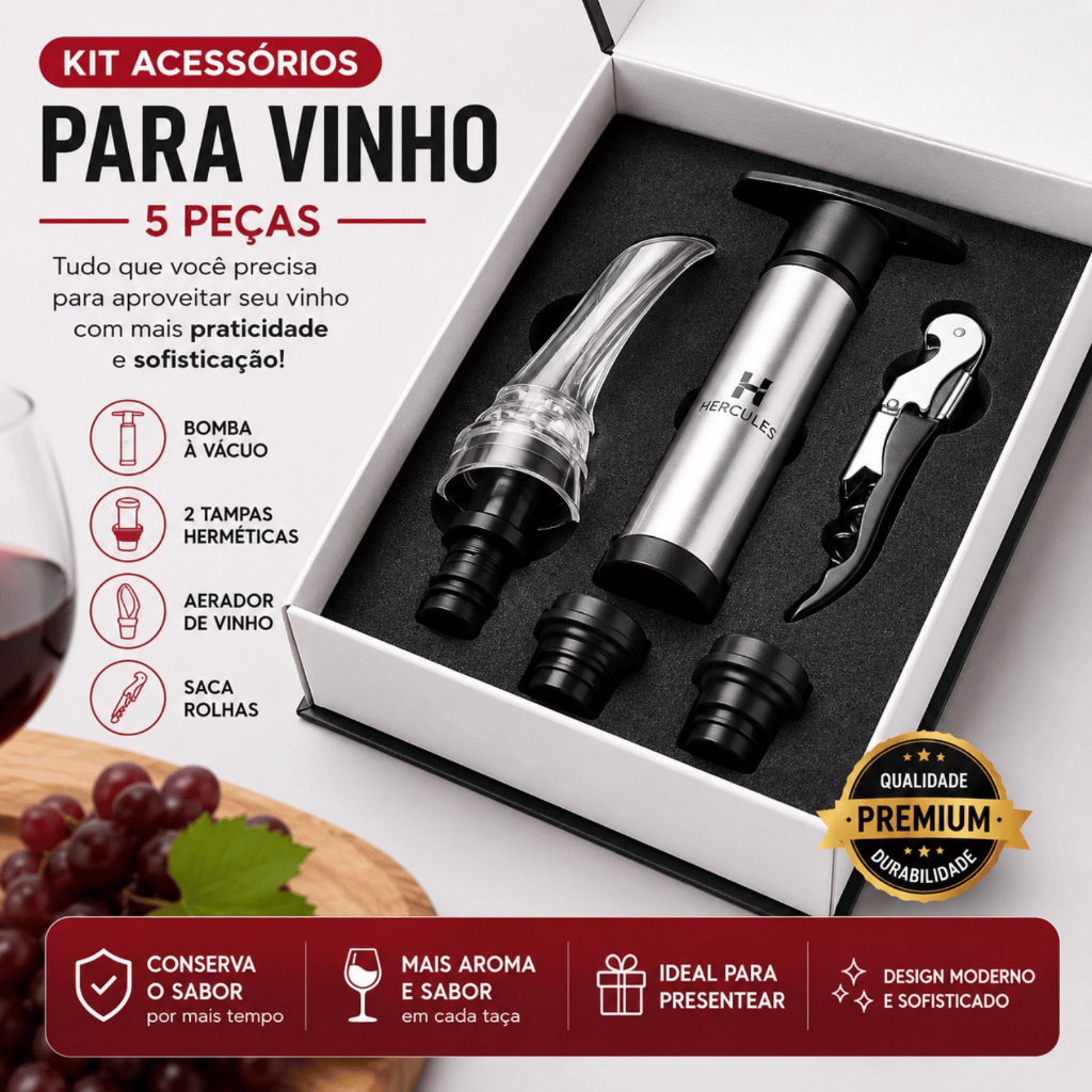 Kit Para Vinho 5 Peças Wine Hercules 24,5x16cm UB90-5 Saca Rolhas Bomba Para Vinho Aerador Em Inox