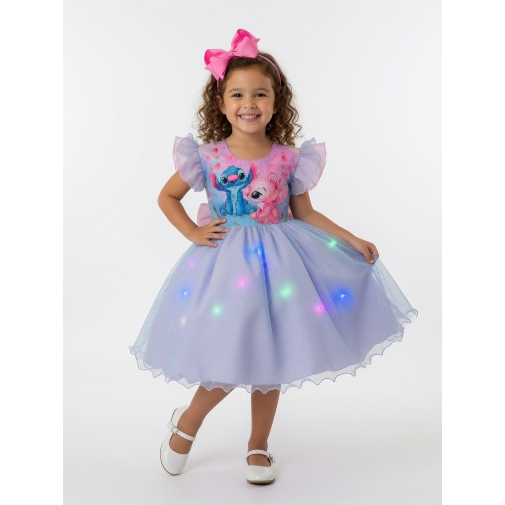Vestido Infantil Stitch Angel com LED que Brilha no Escuro Princesa Lilo Festa Aniversário Menina