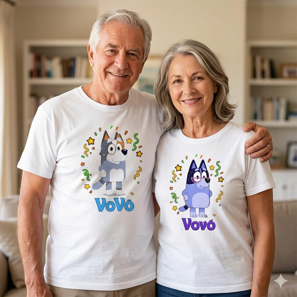Kit 2 Camisetas Vovó e Vovô Bluey e Bingo O Presente Perfeito Dia Dos Avós Blusa Branca Algodão Família Casal Idosos