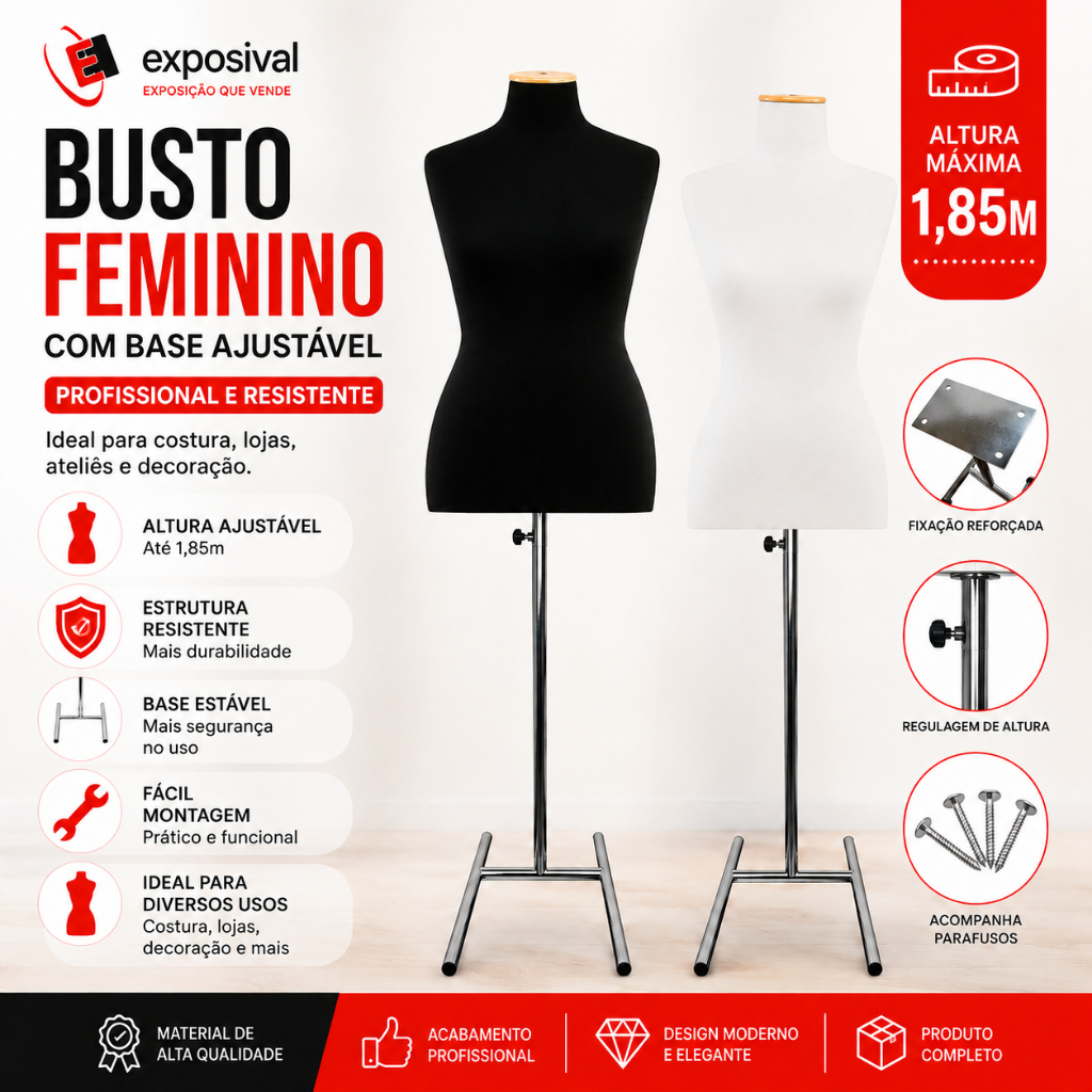 Manequim Busto Feminino Forrado Vitrine Loja Com Pedestal H Cromado