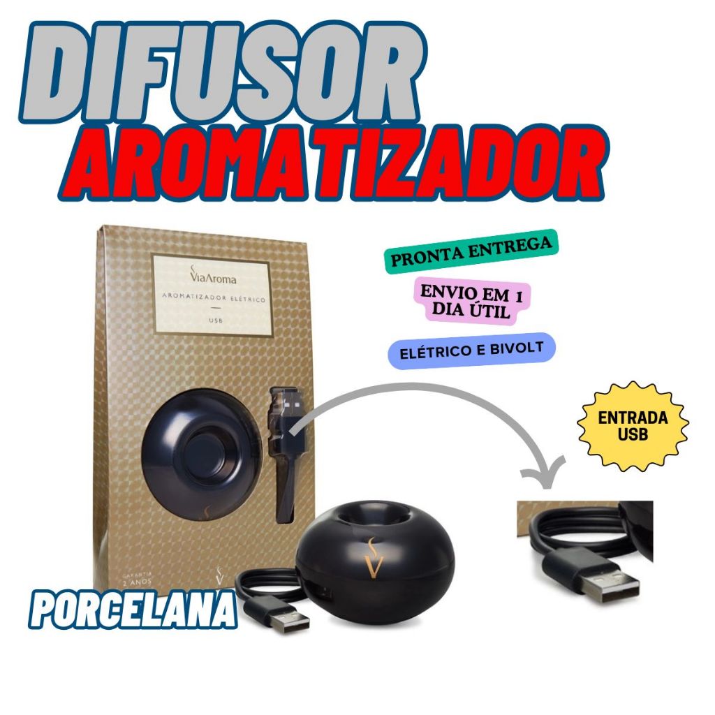 Kit Difusor Aromatizador Elétrico Bivolt Porcelana USB Preto Óleos Essencias Via Aroma