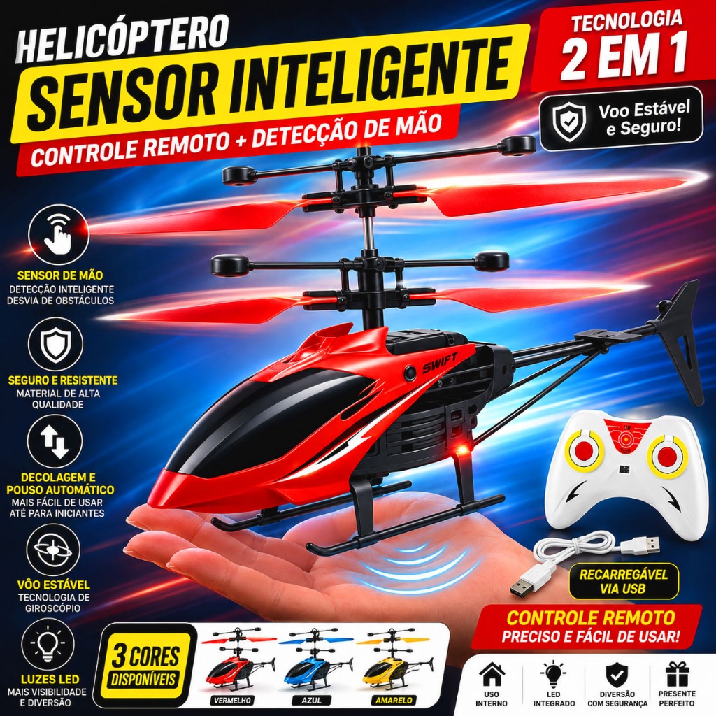 Helicóptero Sensor Inteligente Controle Remoto Recarregável USB Drone Infantil com Detecção de Mão LED Voo Estável