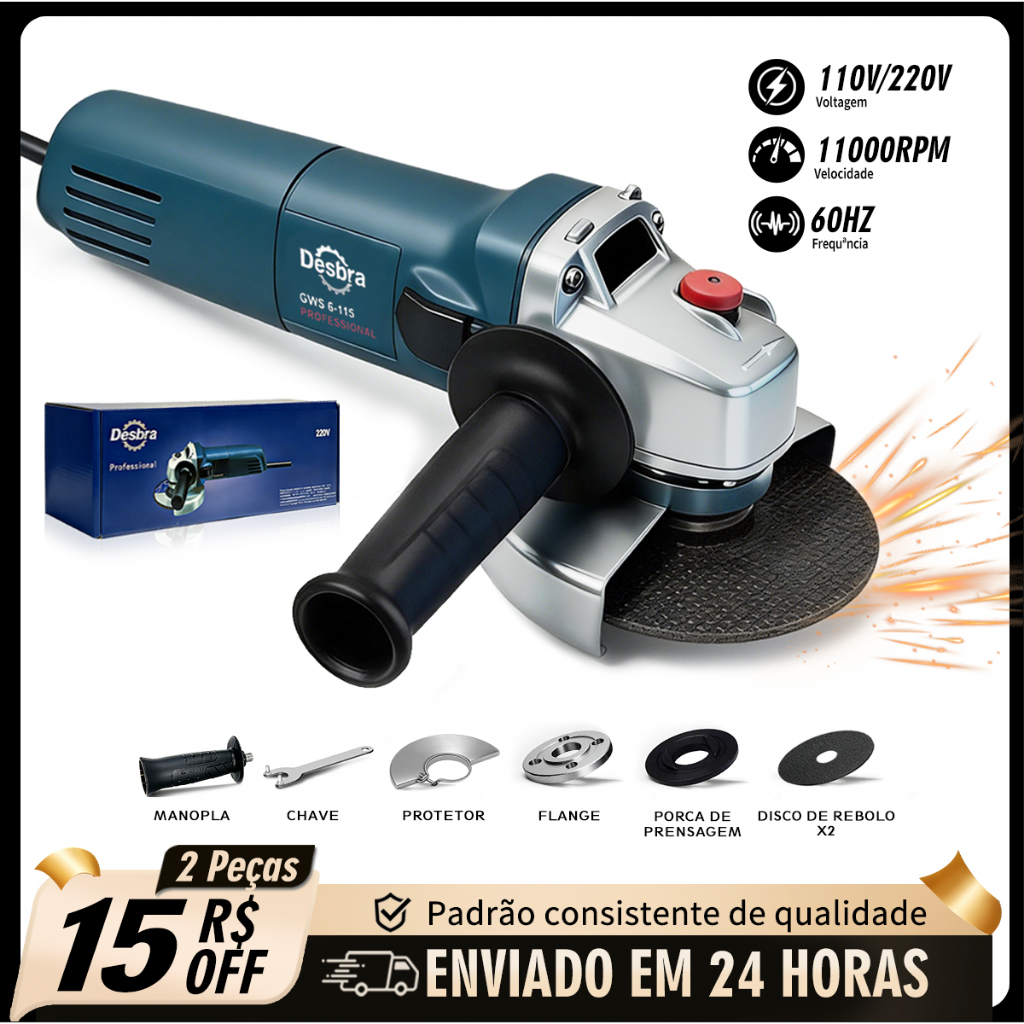 Esmerilhadeira Angular Multifunção Profissional 110V/220V 11000RPM Alta Rotação Para Cortar Lixar e Polir Kit Completo