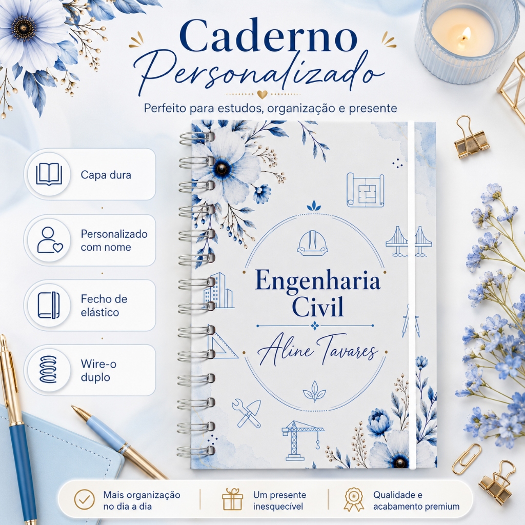 Caderno Personalizado Engenharia Civil Floral Azul com Nome Capa Dura 22x16cm Premium 120 Folhas