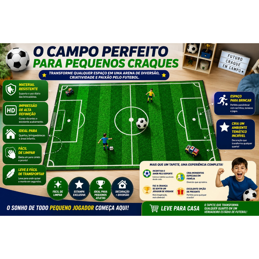 Tapete Infantil Criança Grande Campo de Futebol Jogo Quarto Menino Tematico Lona 100x150cm