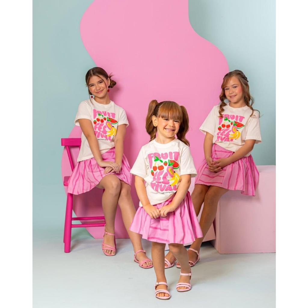 Conjunto Infantil Feminino Blusa Estampada + Saia Rosa – Conjunto rosa