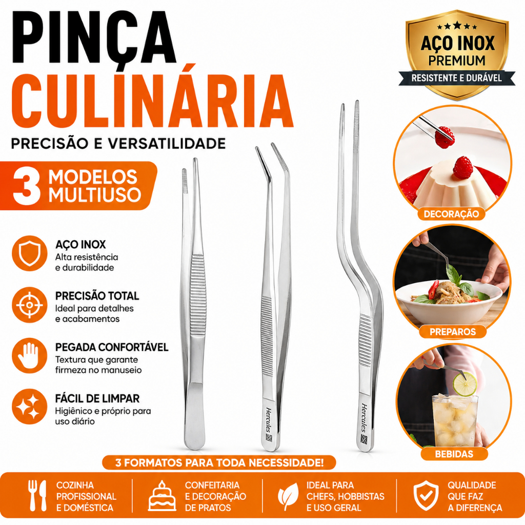 Kit 3 Pinças Culinárias Profissional Aço Inox P/ Gastronomia Confeitaria Cozinha Molecular Hercules