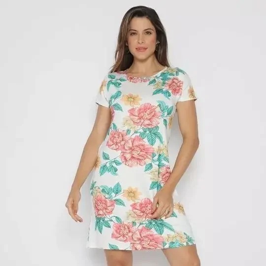 Vestido Floral Malwee Feminino Curto Branco Manga Curta PP Peça Única