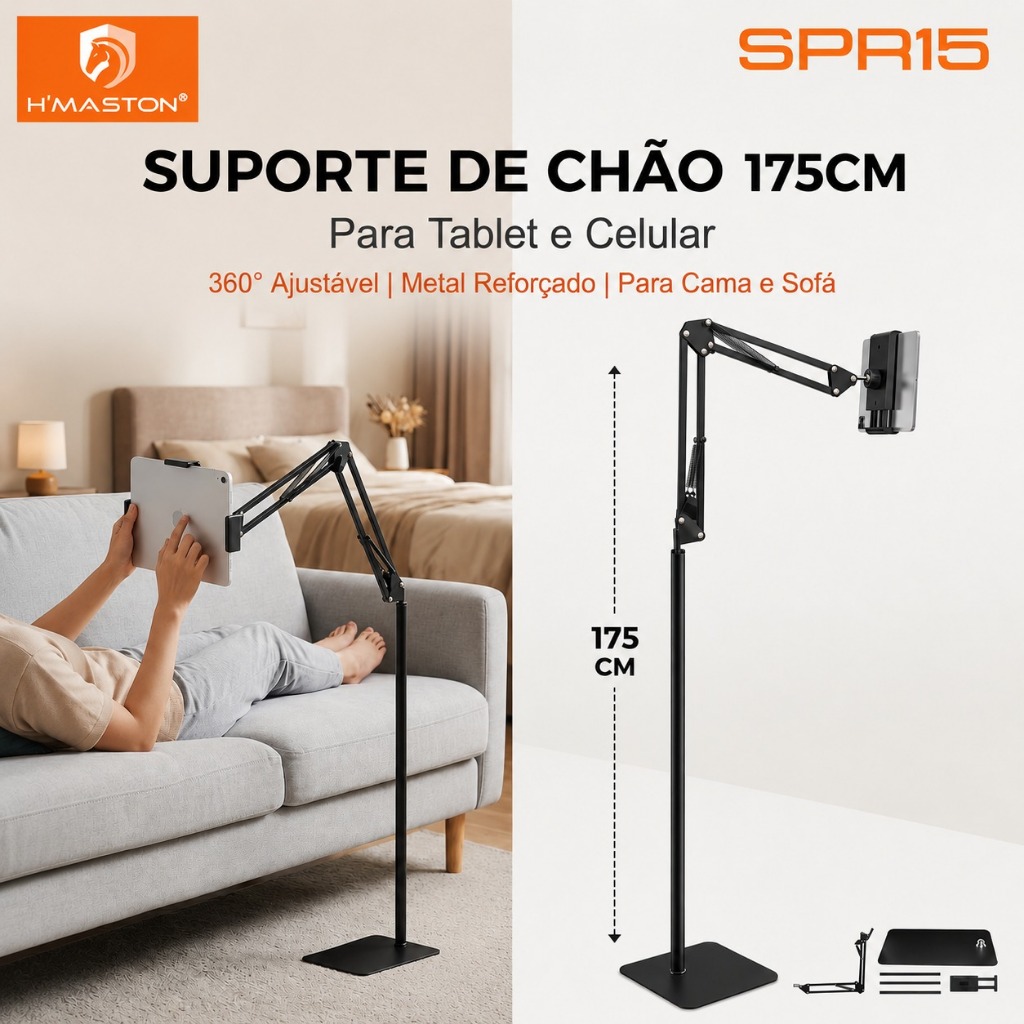 Suporte de Chão Articulado Para Tablet iPad Celular 175cm 360° Ajustável Metal Para Cama Sofá