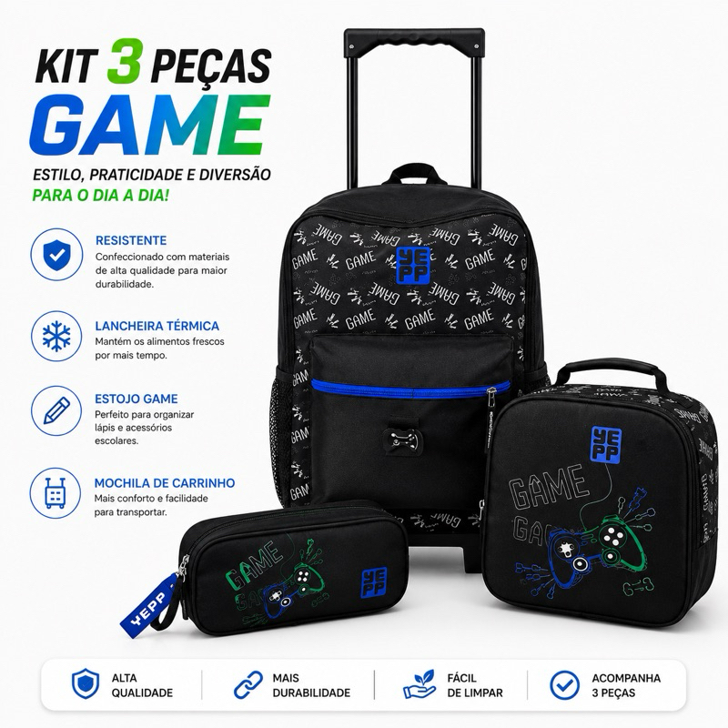 Kit 3 Peças Mochila Carrinho Masculino Infantil Conjunto com Lancheira Mochila de Rodas e Estojo