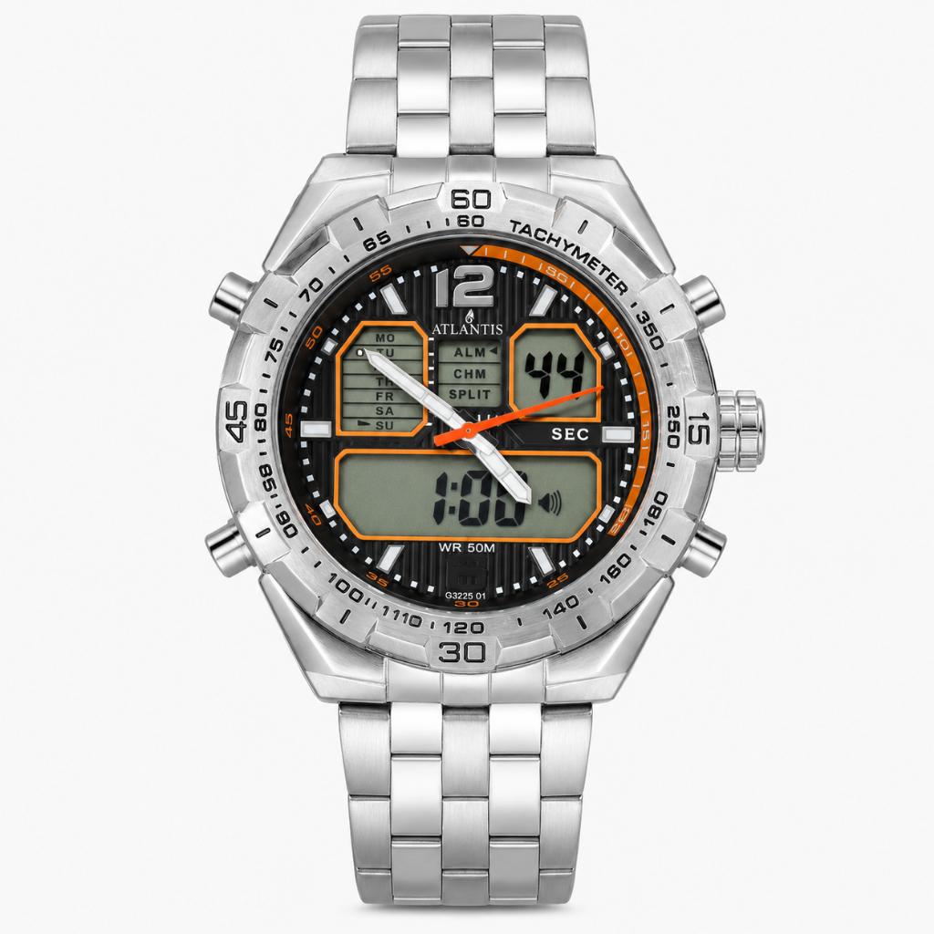 Relógio De Pulso Masculino Atlantis Prata Analógico Digital Preto e Laranja