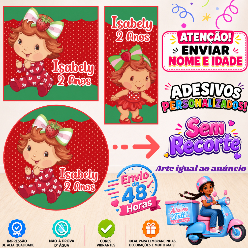 Moranguinho Vermelha - 100/60/40 Adesivos Personalizados Lembrancinhas Festa Aniversário