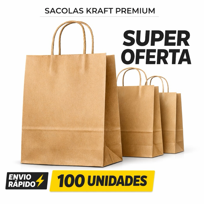 100 Sacola Kraft M Com alça Presente Delivery
