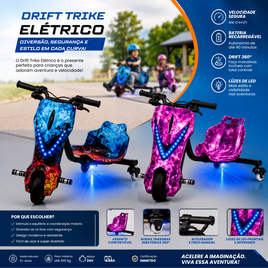 Triciclo Elétrico Drift Trike Bluetooth LED Recarregável Até 100kg