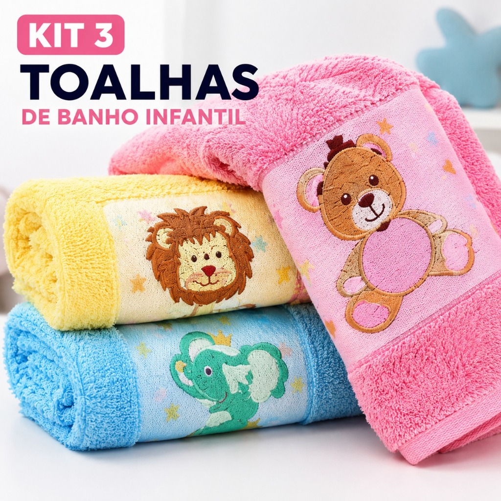 Kit 3 Toalha de Banho Infantil 100% Algodão Soft Kids c/ Desenhos Super Macia