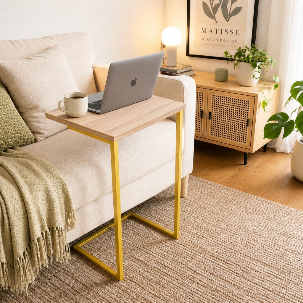 Mesa de Apoio Lateral Notebook com Pés de Ferro Elegante Canto para Sofá Sala e Quarto