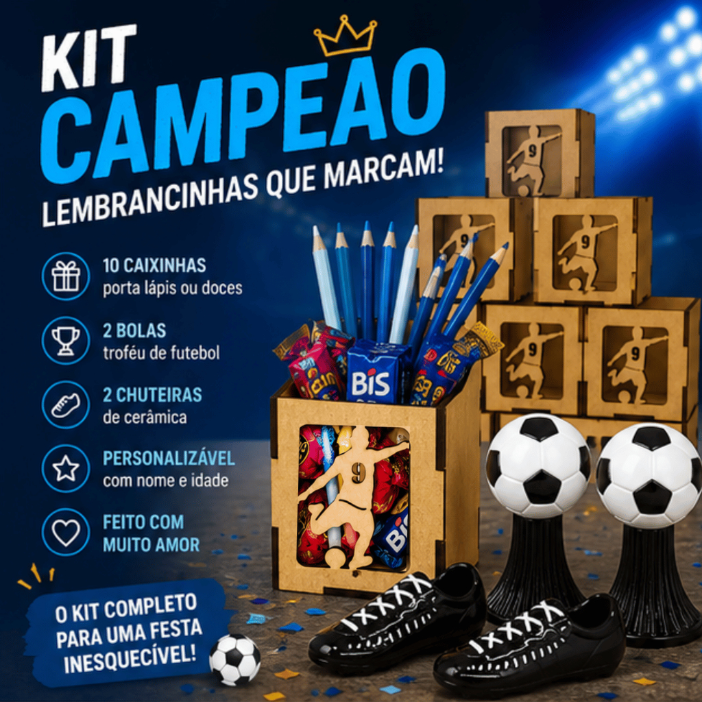Kit Festa Futebol Completo Lembrancinhas Caixinhas MDF Personalizadas Mais Bola Futebol Cerâmica Mais Chuteira Cerâmica