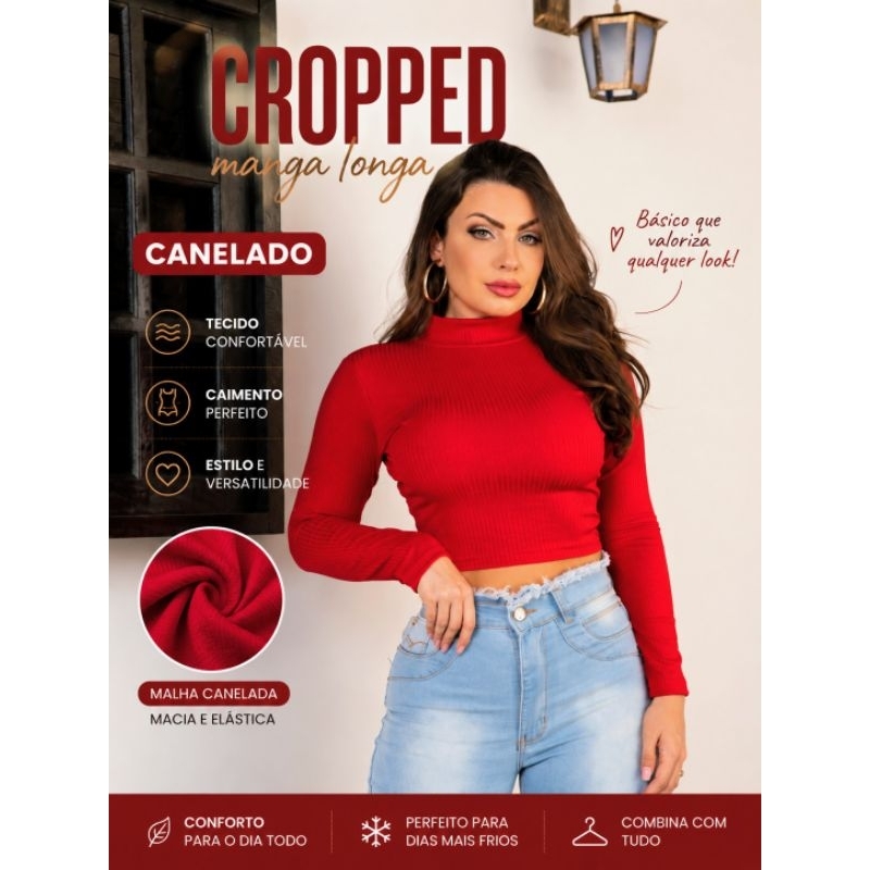 Cropped Canelado Manga Longa Gola Alta Feminino Moda Inverno Tam 36 ao 42