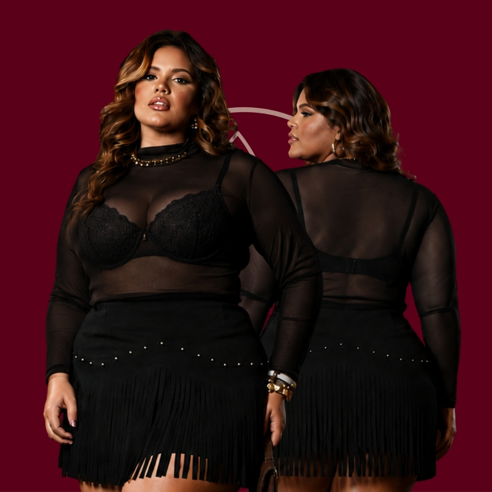 Blusa Manga Longa Segunda Pele Tule Gola Alta Cacharrel Moda Plus Blogueira Inverno Balada Kit