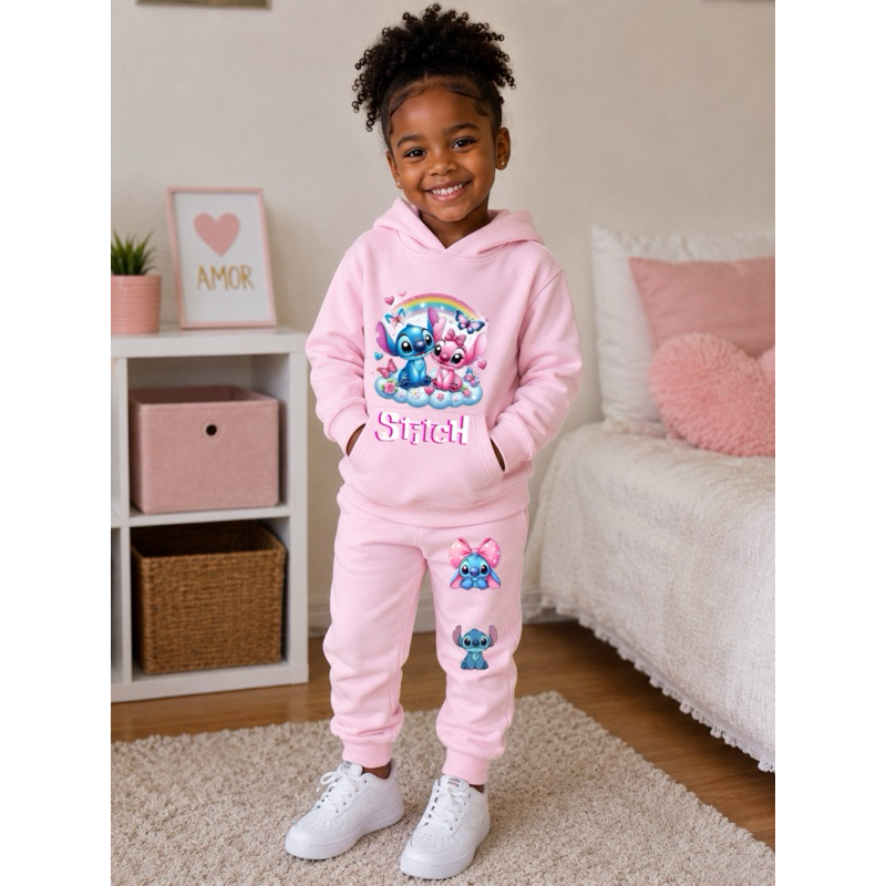 Conjunto Moletom Stitch Infantil Feminino Rosa Bebê Casaco Canguru Com Capuz Calça Jogger Agasalho Menina