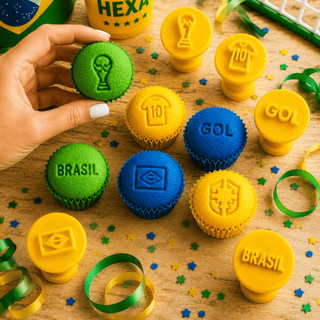 Kit Carimbos Brigadeiros Docinhos Festa Confeitaria Futebol Gol Bola Copa do Mundo Brasil Bandeira