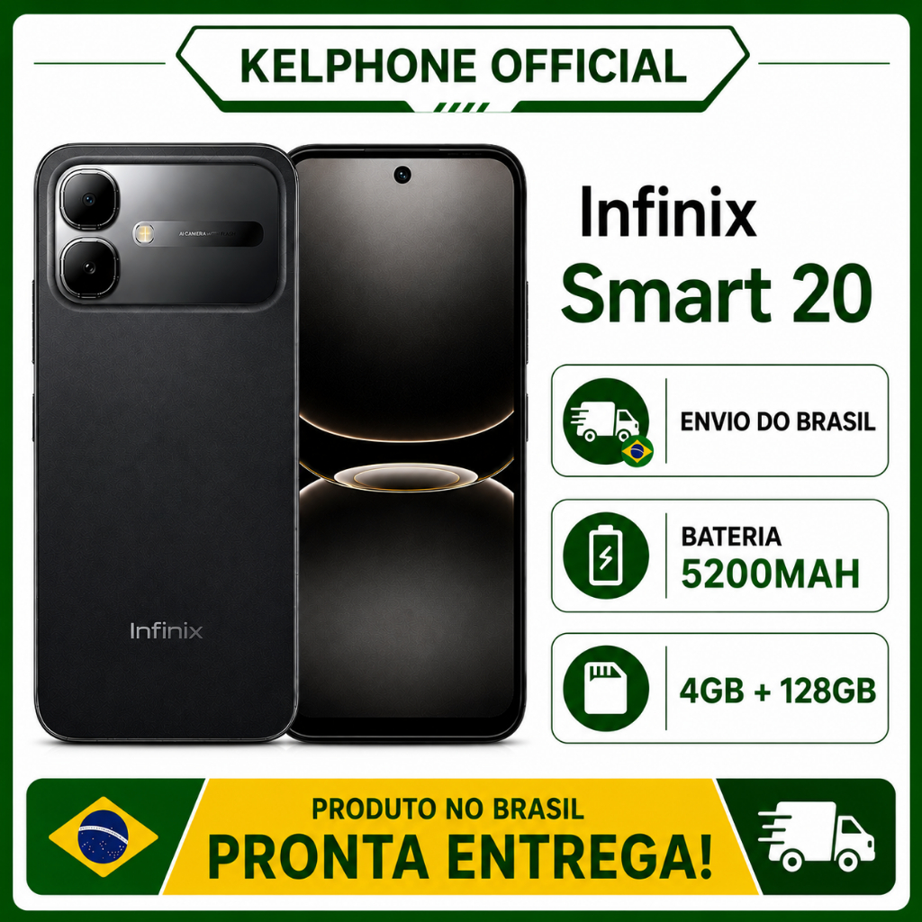 Celular Infinix Smart 20 4G 128GB 4GB RAM Tela HD+ 6.78" Bateria 5200mAh Dual SIM Envio Brasil