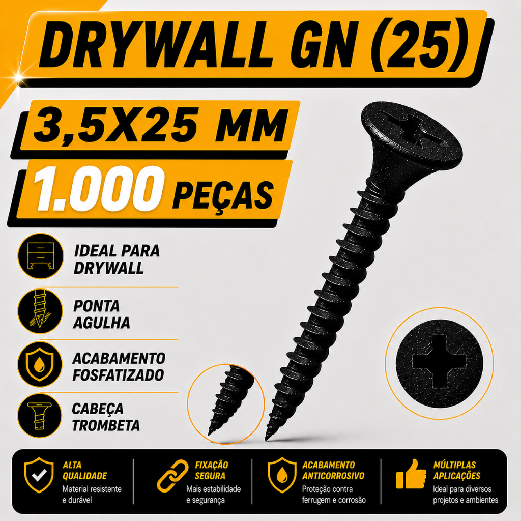 Parafuso GN 25 Para Estrutura de Drywall 3,5 x 25 mm Ponta Agulha Aço Fosfatizado Cabeça Trombeta