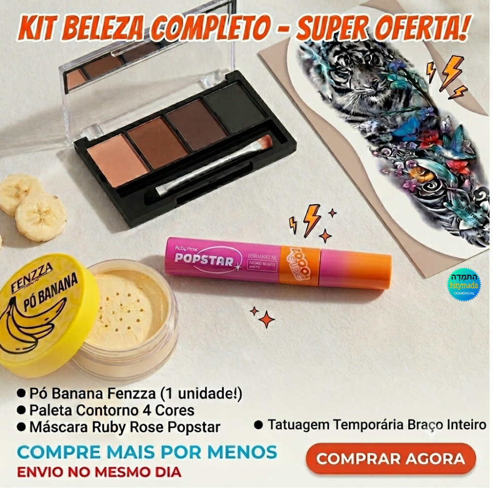 Kit Maquiagem Completo Pó Banana + Máscara Cílios  Bombastic + Trio Sobrancelha Ruby Rose + Tatuagem Temporária Realista