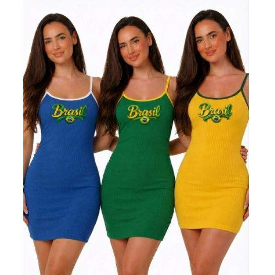 Vestido Midi Feminino Liso e Listrado Alça Fina  Vestido Alcinha Fina Brasil Copa Mundo Tubinho Sem Bojo Moda blogueira