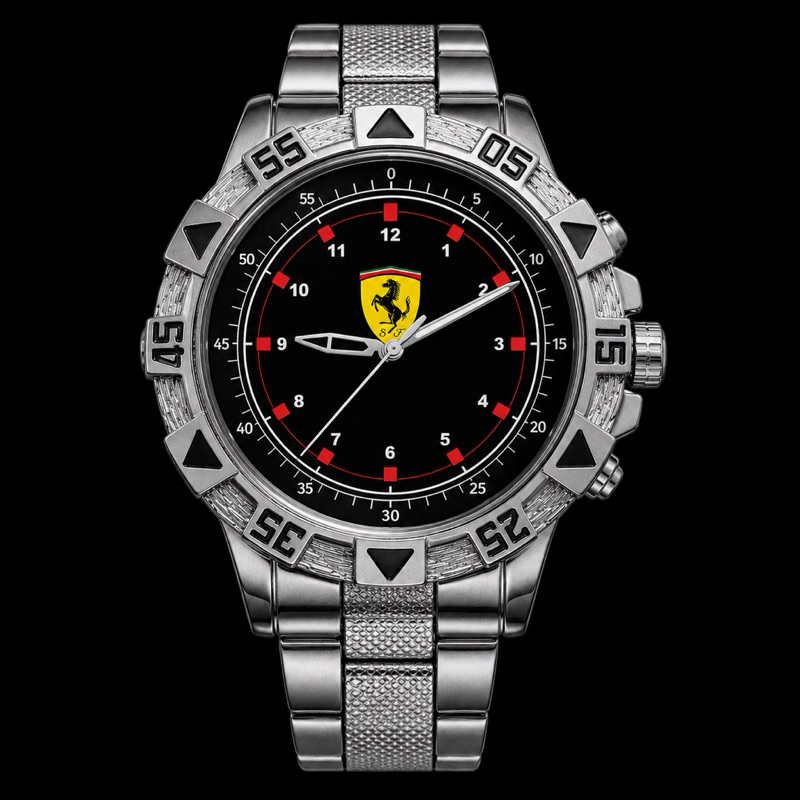 Relógio Masculino Ferrari Luxo Prata Aço Inox Estilo Esportivo Mostrador Preto Premium