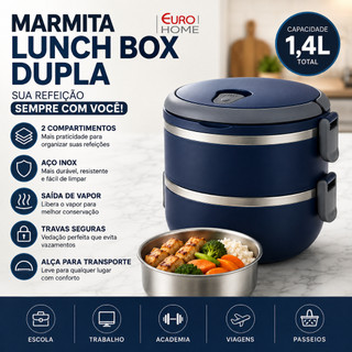 Marmita Térmica Dupla 1,4 Litros Lunch Box Azul Euro Home - Almoço Janta Refeição Completa Casa