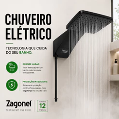 Ducha Elétrica Preta Chuveiro Elétrico Moderno 7700W Chuveiro Elétrico Parede 127V / 220V Zagonel