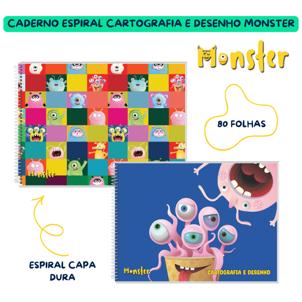 Caderno Espiral Cartografia e Desenho 80 Folhas Capa Dura Monster 3B Cadernos